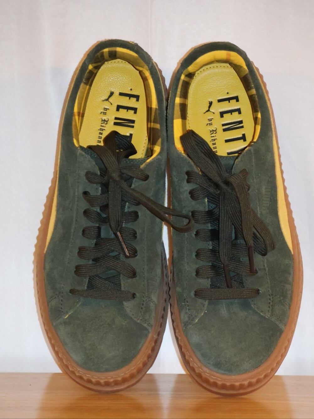 Puma FENTY by Rihanna Green & Yellow Cleated Creeper Suede Platform Sneakers. - Picture 13 of 16